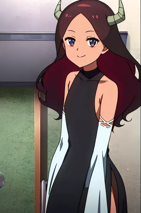 MAOU, black dress, detached sleeves, 1girl, solo, looking at viewer, smile, closed mouth.