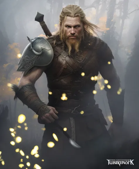 um close up de um homem com uma espada em uma floresta, norse warrior, Viking Berserker, guerreiro viking, epic fantasy character art, Berserker Potrait, Jovem guerreiro viking sem capacete e cabelo castanho escuro curto, rosto limpo e sem barba, armadura ...