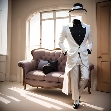 photo, best quality, 1male, indoor, room, Couch, man in white tuxedo, white socks, black shoes,silk hat, mature male, invisible,white gloves,