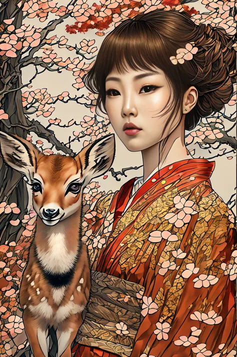 there is a young japanese woman aside a little fawn on a sakura forest with falling leaves, inspired by takato yamamoto. 4 k, st...