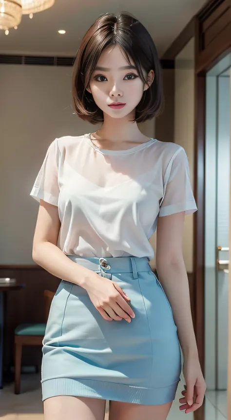 ​masterpiece、Top image quality:1.2、((beautiful young woman with))、Transparent skin:1.2、{A slight smil}、(kawaii)、Transparent short sleeve knit:1.2、luxury hotel、depth of fields、Sharp Focus:1.5、Fine details