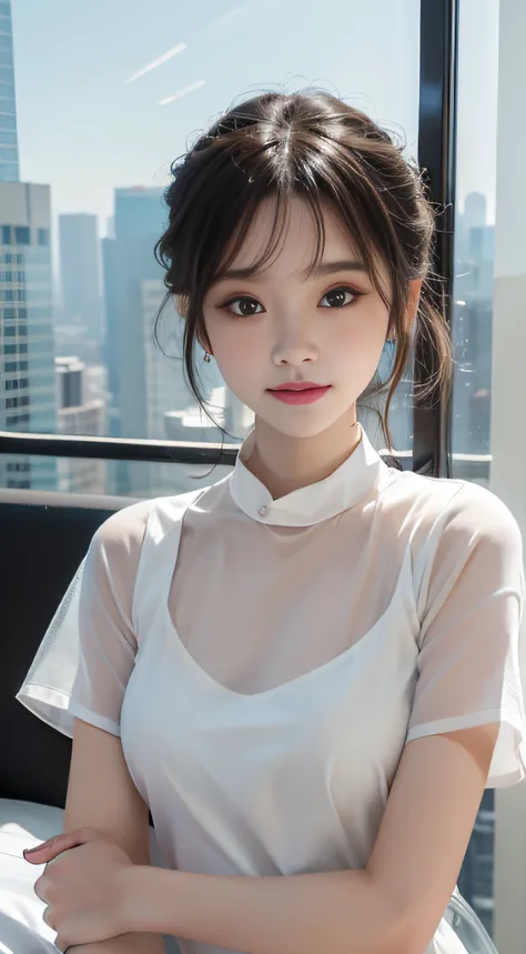 ​masterpiece、Top image quality:1.2、((beautiful young woman with))、Transparent skin:1.2、{A slight smil}、(kawaii)、Transparent short sleeve knit:1.2、luxury hotel、depth of fields、Sharp Focus:1.5、Fine details