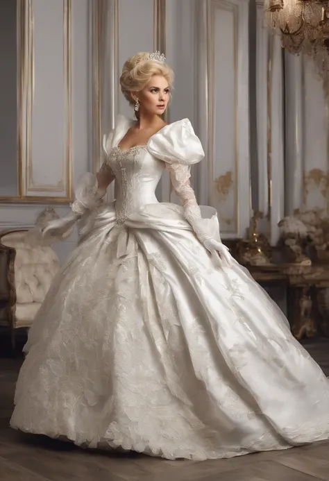 A stunningly beautiful blonde fairytale Princess shining with Royal Pomp and Regal Splendor, wearing a Stately and (((Elaborate))) Royal Cinderella Wedding Dress of Silver and White Brocade, with (((enormous puffed sleeves))) a stiffly boned, padded and co...