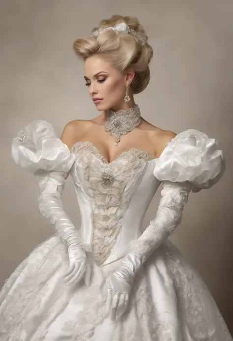 A stunningly beautiful blonde fairytale Princess shining with Royal Pomp and Regal Splendor, wearing a Stately and (((Elaborate))) Royal Cinderella Wedding Dress of Silver and White Brocade, with (((enormous puffed sleeves))) a stiffly boned, padded and co...