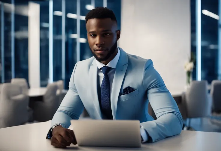 Best quality, Masterpiece handsome and smart 31years old African young man wearing bluenavy suit sitting in a big luxurious and smart Travel agency office  office using a white laptop