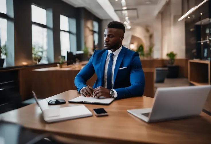 Best quality, Masterpiece handsome and smart 31years old African young man wearing bluenavy suit sitting in a big luxurious and smart Travel agency office  office using a white laptop