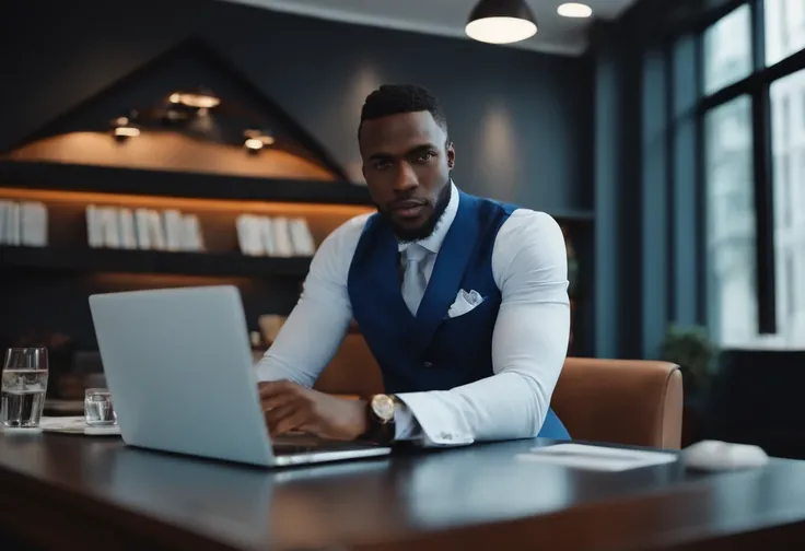 Best quality, Masterpiece handsome and smart 31years old African young man wearing bluenavy suit sitting in a big luxurious and smart Travel agency office  office using a white laptop