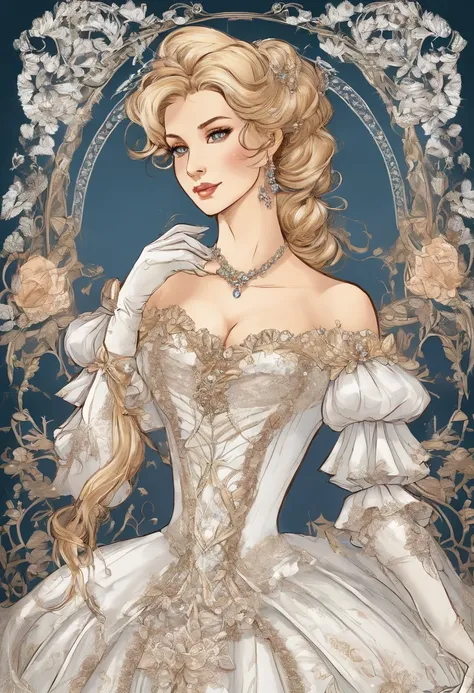 A stunningly beautiful blonde fairytale Princess shining with Royal Pomp and Regal Splendor, wearing a Stately and (((Elaborate))) Royal Cinderella Wedding Dress of Silver and White Brocade, with (((enormous puffed sleeves))) a stiffly boned, padded and co...