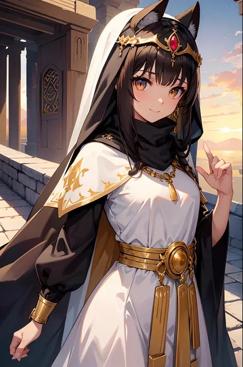 masterpiece, highlydetailed, ultra-detailed, solo, (1girl), (light skin), white eyes, long hair, dark brown hair, black cat tail, white cat ears, Anubis girl, small boobs, (Arabian background), (desert), (Arabian clothes), (warm smile), (veil), (shawl), (h...