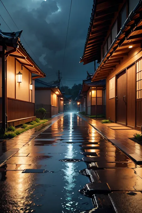 Rain water on street , thunder on sky and samurai house on b