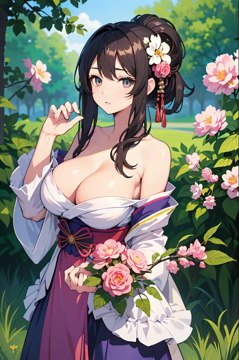 (Masterpiece:1.2, Best quality), cleavage，Large breasts，(fine detailed beautiful eyes: 1.2), 1girll, (komono:1.3), Large breasts, Bare shoulders, flowers and petals, Beautiful concept illustration, (White background:0.5), (illustration:1.1), (Extremely fin...