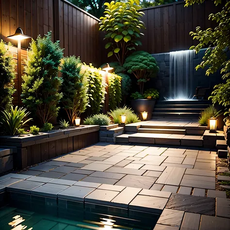 Low maintenance friendly garden designs with  WATER FEATURES AND OUTDOOR LIGHTING