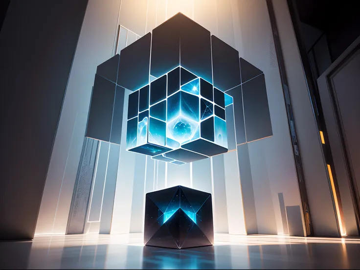 Embark on a creative journey beyond the boundaries of our three-dimensional world and into the astonishing realm of the hypercube, some sort of a tesseract, a four-dimensional enigma floating in space that is beyond human comprehension. Imagine this celest...