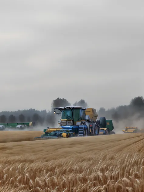 The combined machine is harvesting golden wheat