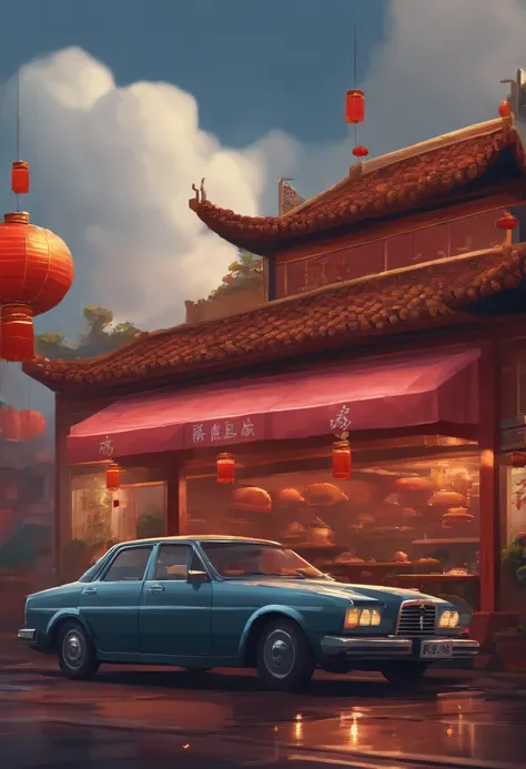 Pixel Art Car,Chinese restaurant,Chinese food,There are many delicious dishes,Wok is falling from the sky,Steam is coming out of the dishes。