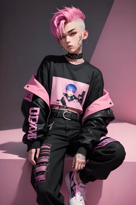 Kpop teen age boy with fade cut pink hair, cute face, irresistible,sit pose, poser, serious face, full half body show, tattoos, wears cool black mixed pink open jacket with long big sized shirt, long black pants with belt, paint background,