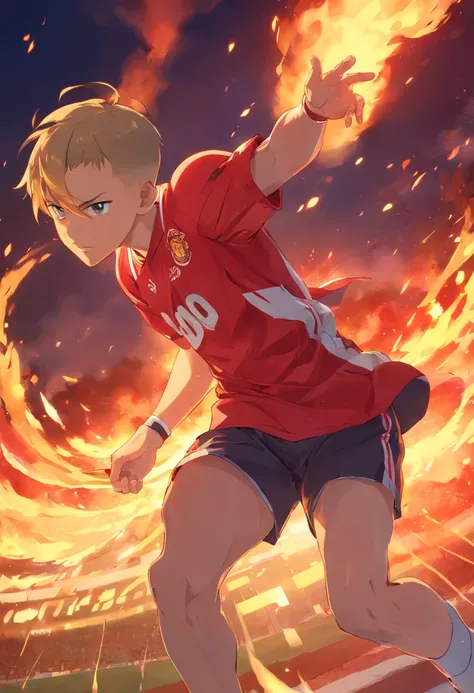 Nemanja Vidic,buzz cut hair,red Trisula with a fire,burning football field,close up body,scary vibe,Manchester United Jersey,gladiator armor,hot atmosphere,smoke rising in the air,fiery background,sharp and intense focus,battle-ready stance,menacing expres...