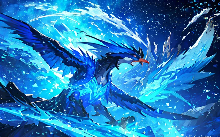 1bird,The blue pterosaur flew over Earth in space, blue eyess, Ice Phoenix, krystal, 4K HD wallpapers very detailed, blue phoenix bird, highly detailed fantasy art, wallpaper of a phoenix resting, high quality fantasy art, Amazing wallpapers on paper, Chil...