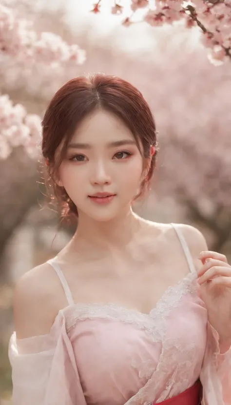 Best quality, 超高分辨率, (Photorealistic:1.4), 1girll, , Perfect chest（1.5）,Pink , Black choker, Smile, Bare shoulders, solofocus, view the viewer,Fair skin,Sunset,cherry tree,フォトンマッピング, Physically-based rendering, RAW photo, highly detailed back ground,Kpop i...