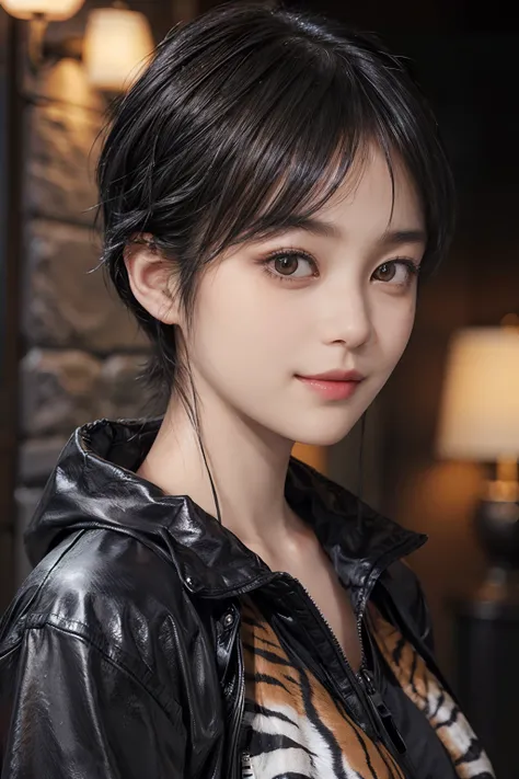 03
(Black Shorthair:1.3), (a 20 yo woman), (A hyper-realistic), (masutepiece), (8KUHD), Looking at the camera, Beautiful woman, A smile, (Tiger Design Clothing)