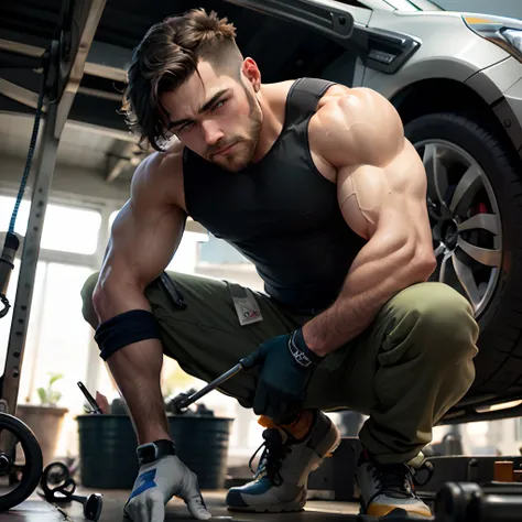 muscular male mechanic working under a car