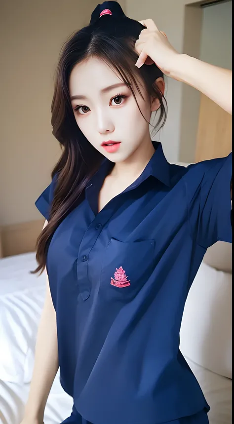 masterpiece, best quality, ultra realistic, hyper-detailed, 8k resolution, RAW photo, sharp focus, (2 girl in bedroom), ((navy shirt:1.1)), short sleeves, long trackpant, perfect body, 2 mature female, 18yo, cinematic light