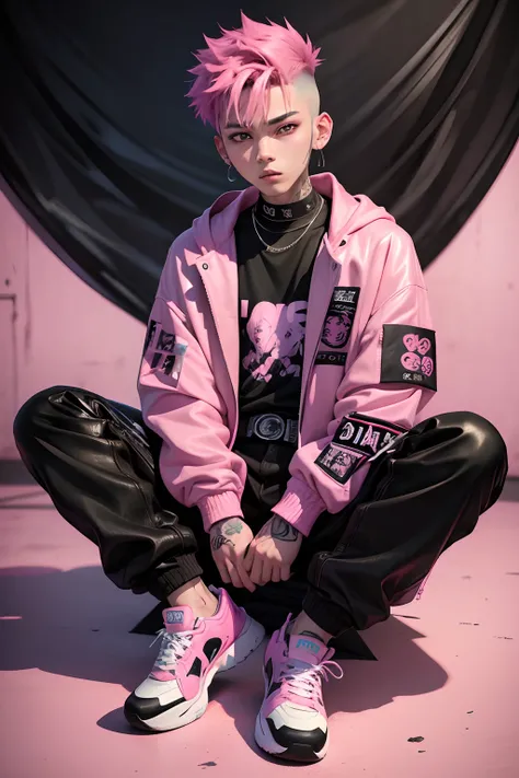 Kpop teen age boy with fade cut pink hair, cute face, irresistible,sit pose, poser, serious face, full half body show, tattoos, wears cool black mixed pink open jacket with long big sized shirt, long black pants with belt, paint background,