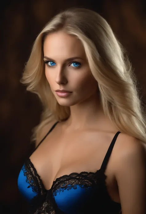 naked blond woman in black bra with blue eyes and long hair