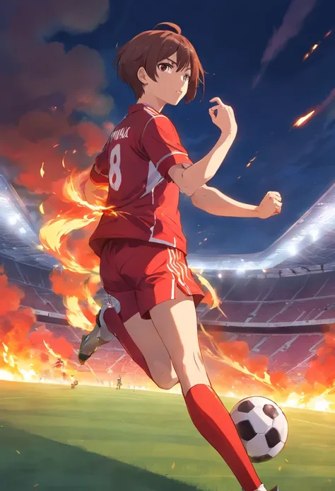 Nemanja Vidic,buzz cut hair,red Trisula with a fire,burning football field,close up body,scary vibe,Manchester United Jersey,gladiator armor,hot atmosphere,smoke rising in the air,fiery background,sharp and intense focus,battle-ready stance,menacing expres...