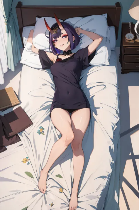 (masterpiece, best quality, detailed) ,1girl, shutendouji, shuten douji, (purple eyes:1.2), earrings, eyeshadow, horns, makeup, oni horns, purple hair, red eyeshadow, short eyebrows, short hair, single earring, teeth ,laying in bed with her head on her pil...