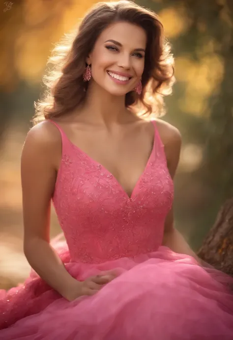 A beautiful woman wearing a pink dress and smiling, broken high detail, photorealistic, pink october