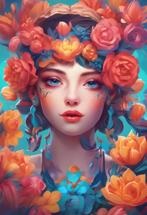 Close-up of a girl with flowers in her hair, trending on artstration, girl with a flower face, glossy digital painting, Digital painting style, Beautiful digital illustration, Mysterious look. rich and vivid colors, beautiful digital painting, beautiful di...