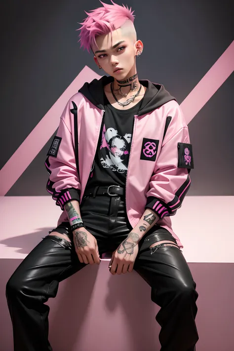 Kpop teen age boy with fade cut pink hair, cute face, irresistible,sit pose, poser, serious face, full half body show, tattoos, wears cool black mixed pink open jacket with long big sized shirt, long black pants with belt, paint background,