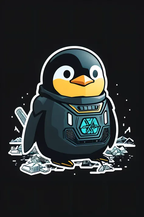 Penguin illustration isolated on black background、a sticker、Bold outline style、jagged、Trashcore、Light shading、Shaped like a robot