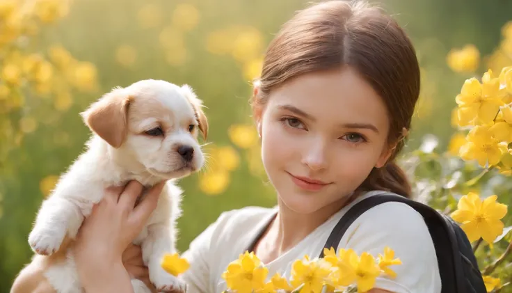 Tip: A very charming little girl，Carrying a backpack and her cute puppy，Enjoy a lovely spring outing，Surrounded by beautiful yellow flowers and nature. The illustration is a high-definition illustration in 4K resolution, featuring highly detailed facial fe...