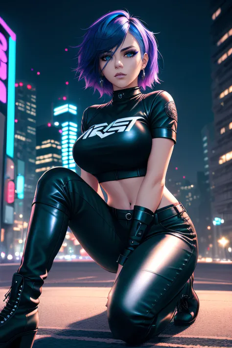 beautiful girl, full body, short bright blue dishevelled hair, black eyeshadow, (street style wear:1.2), ((tight fitted pants)), ((knee high leather boots)), (city night background:1.2), dark makeup, digital art, trending on artstation, highly detailed, fi...