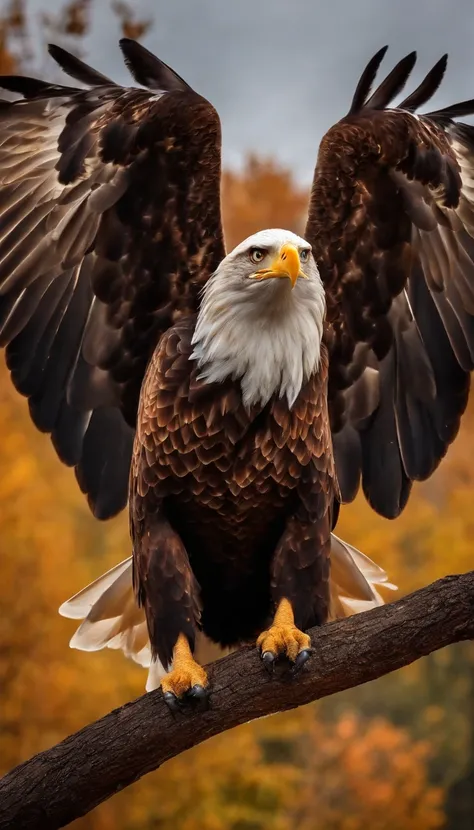 An eagle with spread wings，There is a beautiful tree next to it