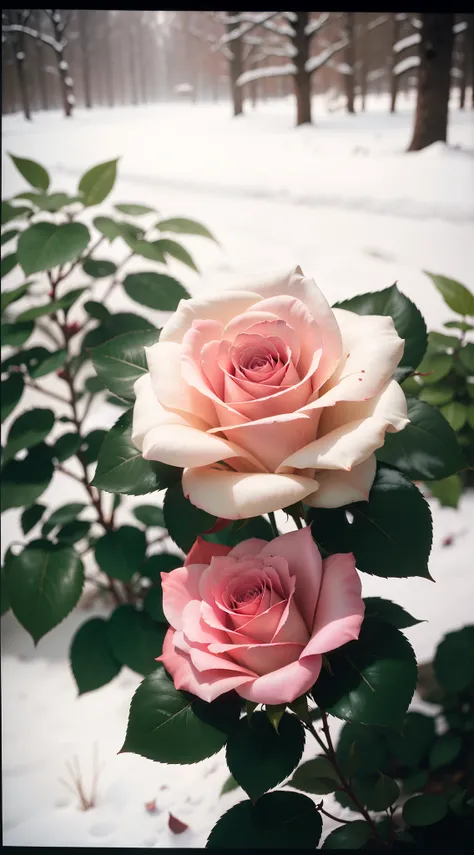 There is a pink rose growing in the bushes, The leaves and petals are covered with dust and snow,shot with a canon 35mm lens, photo of a rose, taken with a pentax k1000, taken with a pentax1000, Two 5 mm ports, taken with kodak portra, rose twining, Pink r...