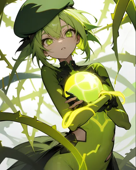 Loli, anime, girl, short, yellow green hair, vines, holding a ball of glowing vines, green neon eyes, closeup, green attire, goddess of nature, edgy, beret hat, flat chest