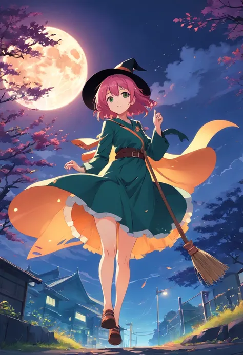 Full body Japan anime girl Halloween witch、Ride a witchs broom in front of the full moon and tree in the Orengue, Flying bats, 1girl in, Sexy, smirking, Pink hair, Green eyes, Wearing a witchs hat and witchs costume, Sexy Outfit, masutepiece,Vector 2D, bla...