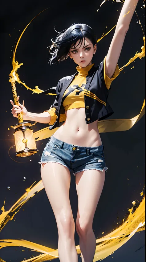 woman, fight pose, baddas stare,hold a yellow sword with a yellow lightning emblem, yellow short wispy pixie hair, yellow eyes, ...