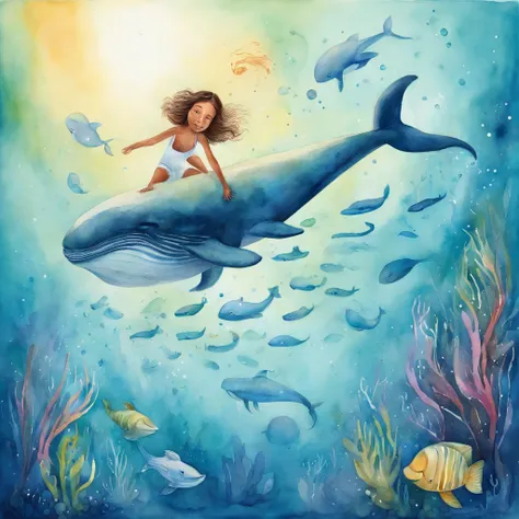 Childrens book illustration：Girl in white swimming with whales at the bottom of the sea，The whale jumped out, The bubbles around the surface of the water slowly rise，Sunlight slanting, prime time,