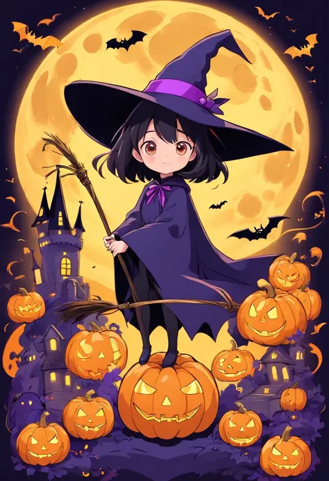 Halloween Elements, Digital Art: Black bat, Spooky pumpkin ghost, Spooky Moon, Ghost Broom, Purple Line Witch Talking Hat, Spider with yellow and black stripes, Witchs Castle, Magic black background, Minimalistic images with exclusive sticker illustrations