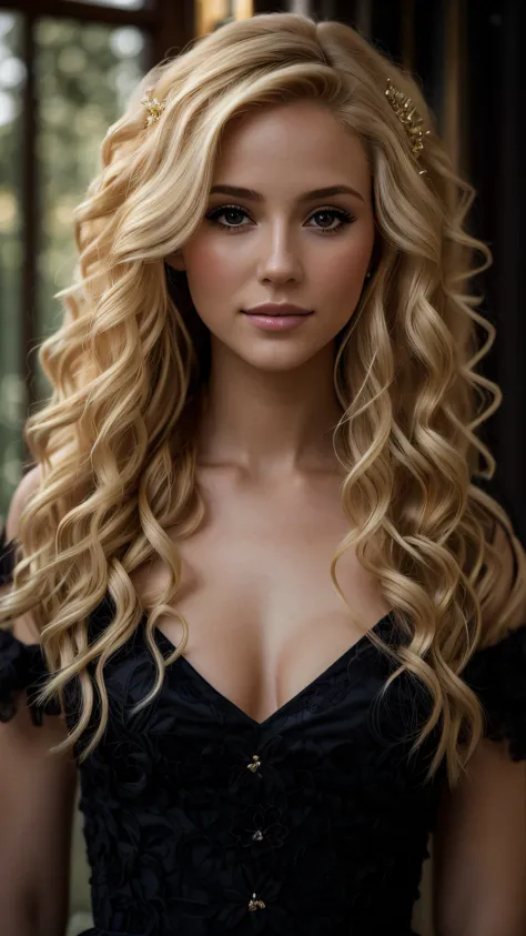 a close up of a woman with long blonde hair wearing a red dress, curly blond, long curly blond hair, curly blonde hair, curly blond hair, long curly blonde hair, wavy blond hair, long curly light blond hair, blonde beautiful young woman, long wavy blond ha...