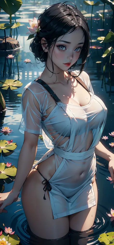 （Background with：ponds，Cherry blossom forest，lotus flower）Lie underwater， She has short black hair，seen from the front，， mostly cloudy sky，（（（tmasterpiece），（Very detailed CG unity 8K wallpaper），best qualtiy，cinmatic lighting，detailed back ground，beatiful d...