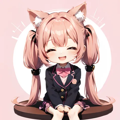 Cute chibi anime sitting on a plate, long pink hair with twin tails、I have cat ears、Twin-tailed hairstyle in pink color、Dark blue blazer、Pink skirt、student clothes,dark colored、suns、Distinct and darker colors、primary colours、、Smiling, animations、Holding yo...