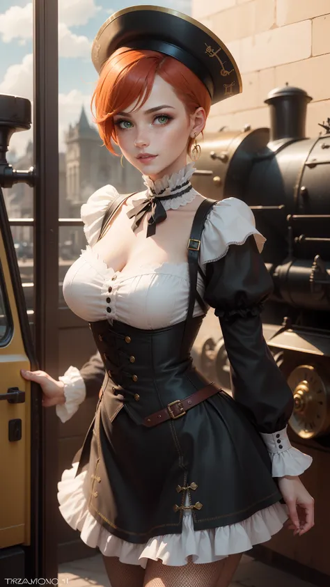 gwen tennyson,tracer,yorha 2b,rebecca chambers,atelier ryza,1girl,close up,aviator goggles,top hat,steam locomotive,steampunk theme,cloudy day,fishnet pantyhose,white long sleeve victorian top,open front crinoline ruffle skirt,brass pirate corset, brass ne...