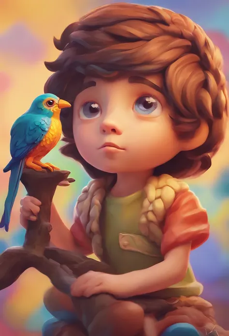 Close-up of a cute boy with a bird in his hair, trending on artstration,  glossy digital painting, Digital painting style, Beautiful digital illustration, Mysterious eyes. rich and vivid colors, beautiful digital painting, beautiful digital art, stunning a...