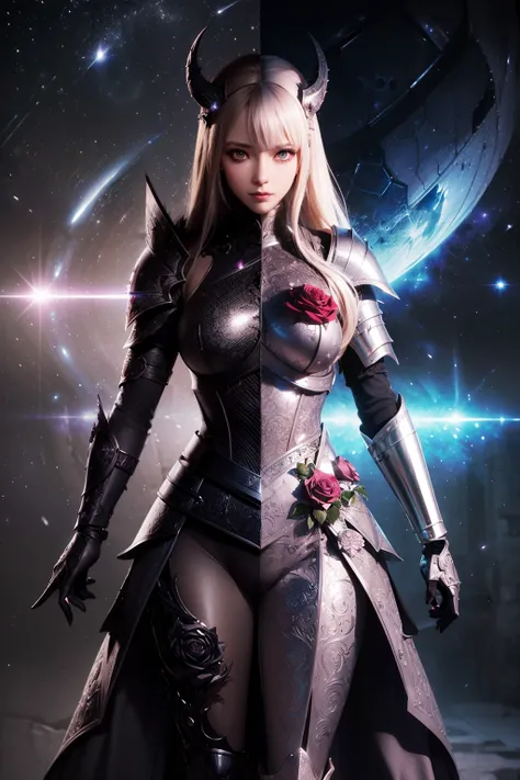 anime realistic and intricate perfect beauty detailed face, detailed sharp galaxy glowing eyes, (((from face to the waist:1. 2))), (((thin beauty shape))) ((in hyper detailed & complex dragoon rose knight armor)), masterpiece, 4k, UHD