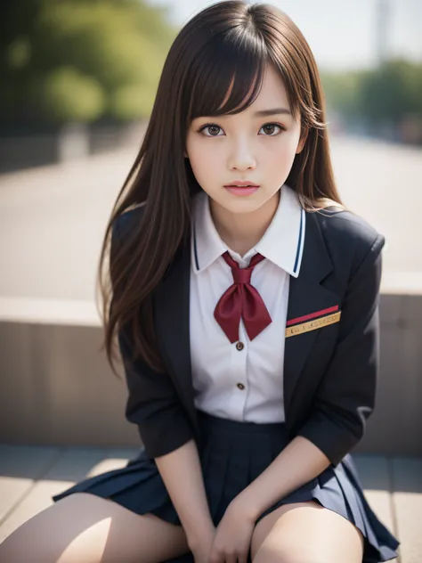 1young girls, Extremely beautiful, (Extremely cute), (extremely detailed beautiful face), Amazing face and eyes, dark brown hair, Brown eyes, drooing eyes、no-makeup、(High School Uniform, Pleated mini-skirt:1.3), (high-school uniform:1.2), , (Best Quality:1...